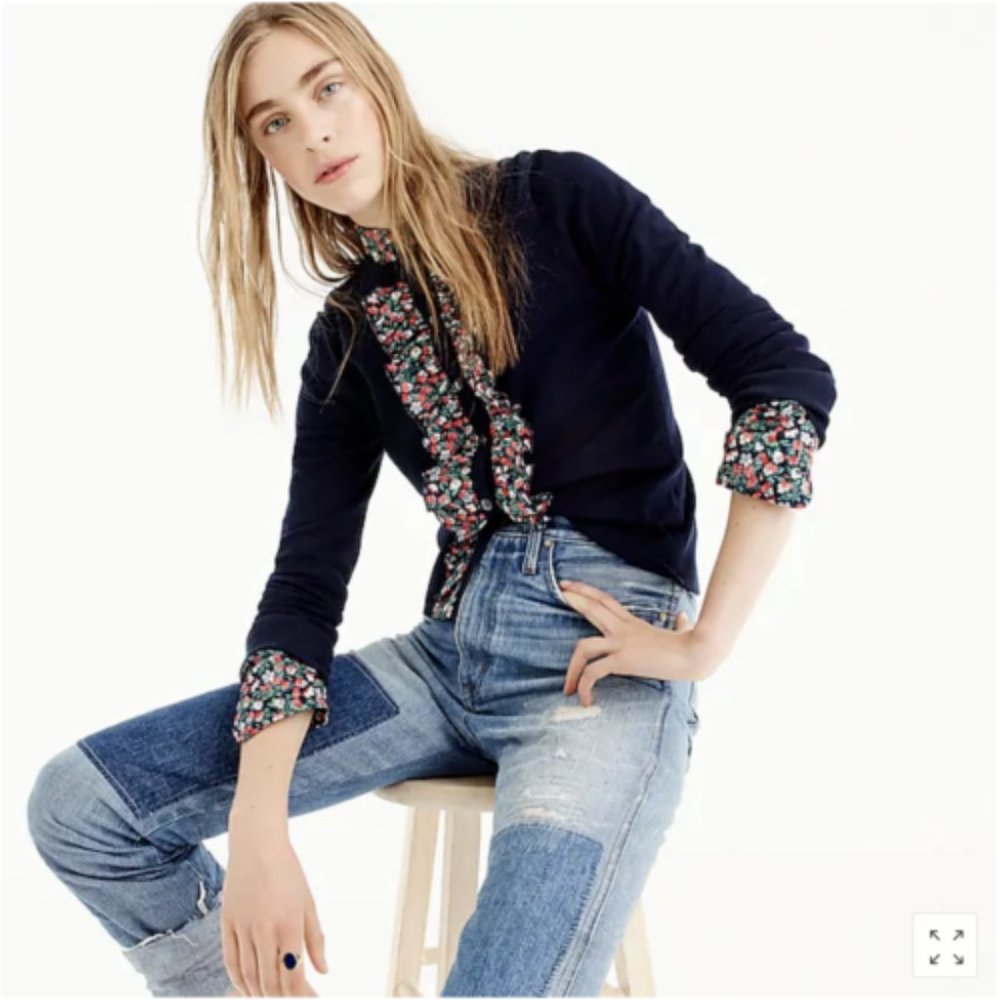 J Crew Navy Blue Liberty Floral Cotton Cardigan Sweater NWT Large H6194